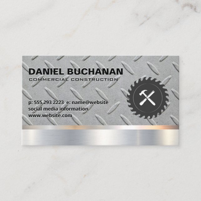 Construction | Metallic | Saw Hammer | Steel Business Card (Front)