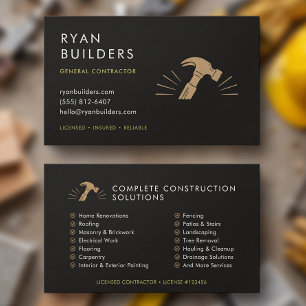 Construction Modern Black Gold Hammer Custom Business Card
