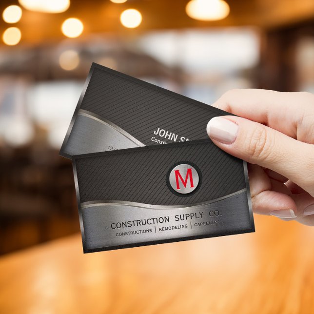 Construction Monogram LOGO Black and Silver Metal Business Card (Creator Uploaded)
