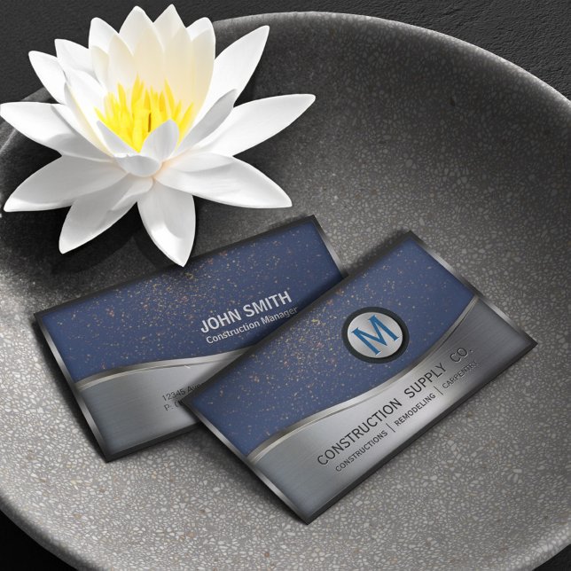 Construction Monogram LOGO Silver Metal Blue Business Card (Creator Uploaded)