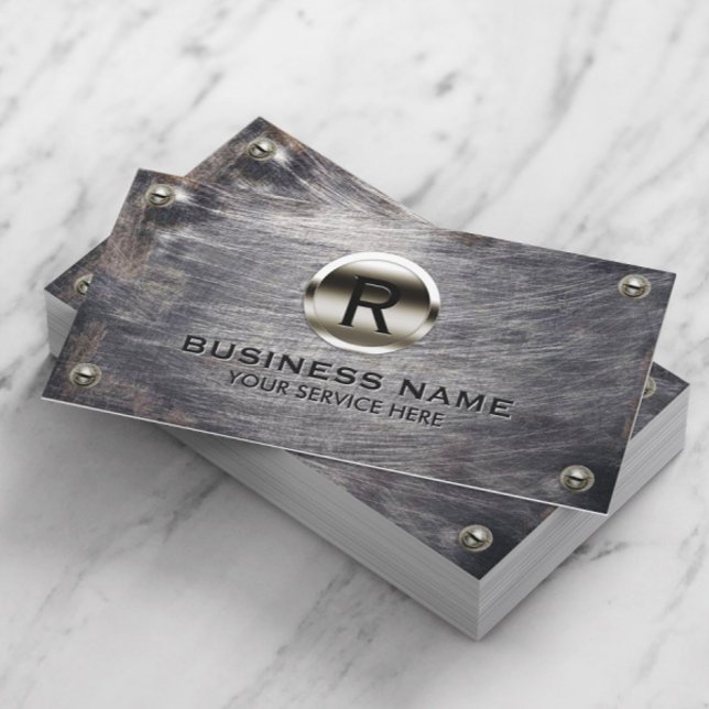 Construction Monogram Steel Logo Grunge Metal Business Card (Creator Uploaded)