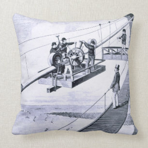 Construction of Brooklyn Bridge, New York (litho) Cushion