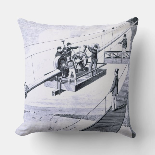 Construction of Brooklyn Bridge, New York (litho) Cushion (Front)
