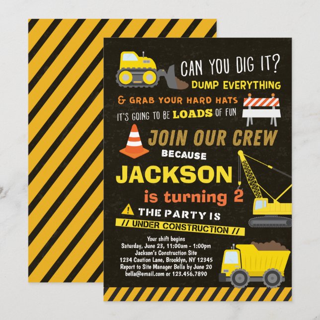Construction Party Boys Dump Truck 2nd Birthday Invitation (Front/Back)