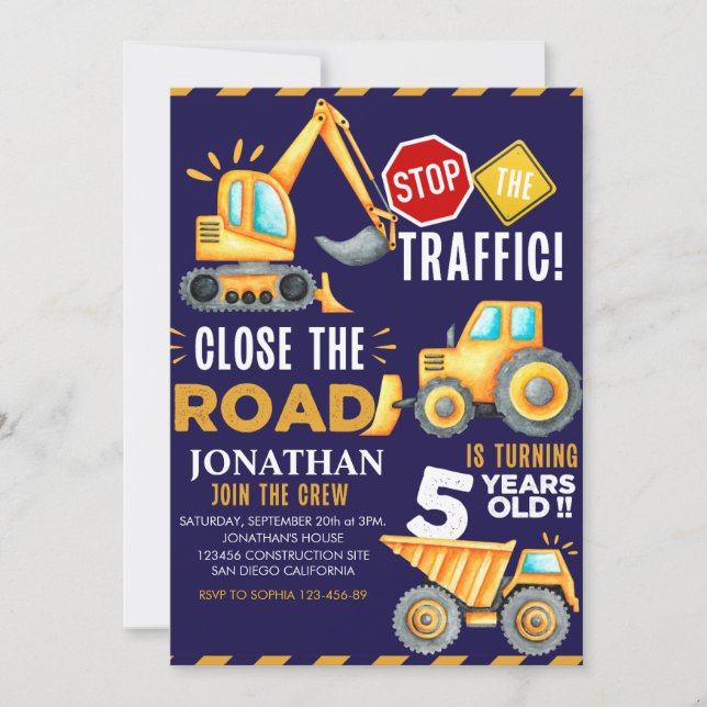 Construction Party for 5th Birthday Boy Invitation (Front)