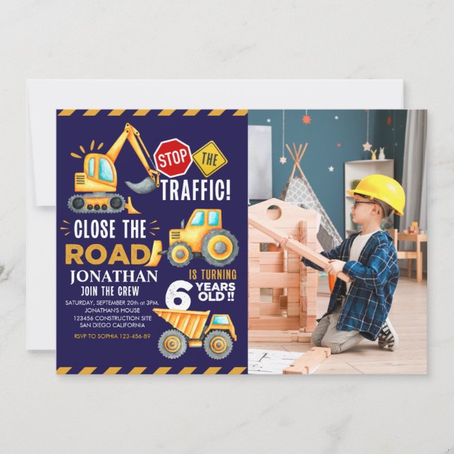 Construction Party for 6th Birthday Boy Invitation (Front)