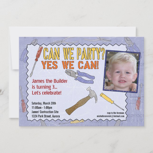 Construction Party Invitation with Photo (Front)