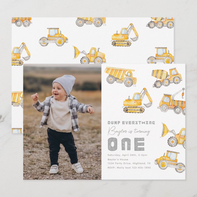 Construction Photo 1st Birthday Invitation (Front/Back)