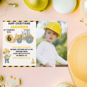 Construction Photo Birthday Turning 6 yellow Invitation
