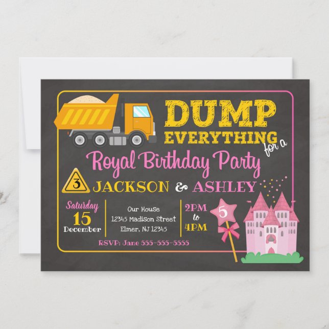 Construction & Princess Joint Birthday Invitation (Front)
