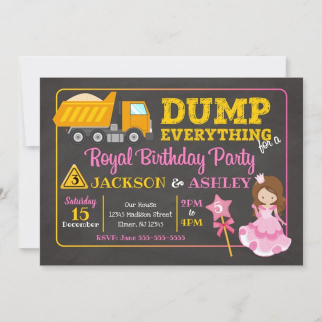 Construction & Princess Joint Birthday Invitation (Front)