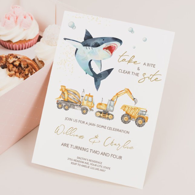 Construction Shark Joint Birthday Invitation  (Creator Uploaded)