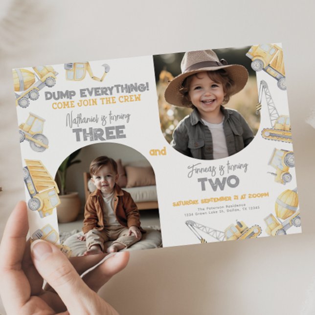 Construction Sibling Twin Brother Birthday Party Invitation (Creator Uploaded)