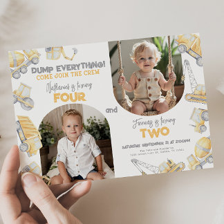 Construction Sibling Twin Dual Birthday Party Invitation
