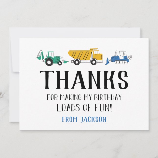 Construction Site Birthday Thank You Card (Front)