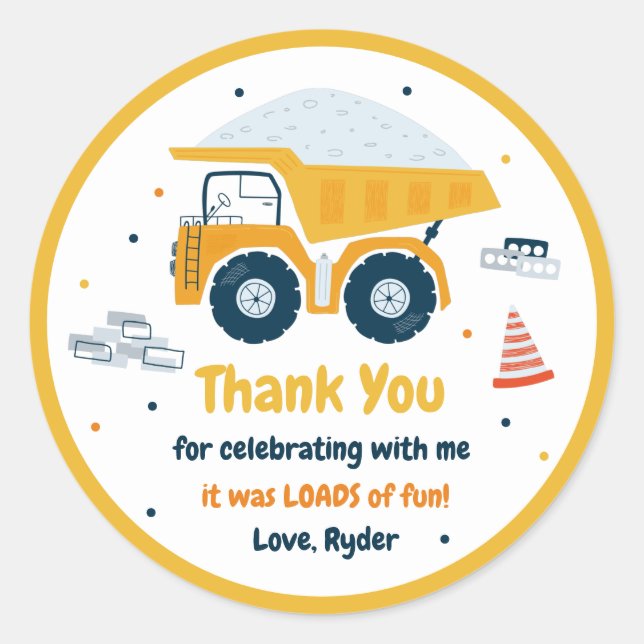 Construction Site Dump Truck Digger Birthday Favou Classic Round Sticker (Front)