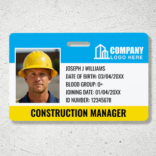 Construction Site ID Logo Barcode Blue Template ID Badge