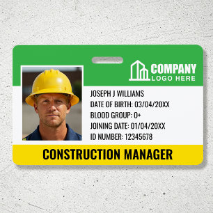 Construction Site ID Logo Barcode Green Template ID Badge