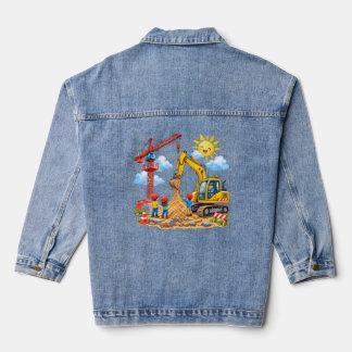 Construction site scene with crane, excavator and denim jacket
