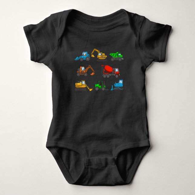 Construction site vehicles excavator forklift baby bodysuit (Front)