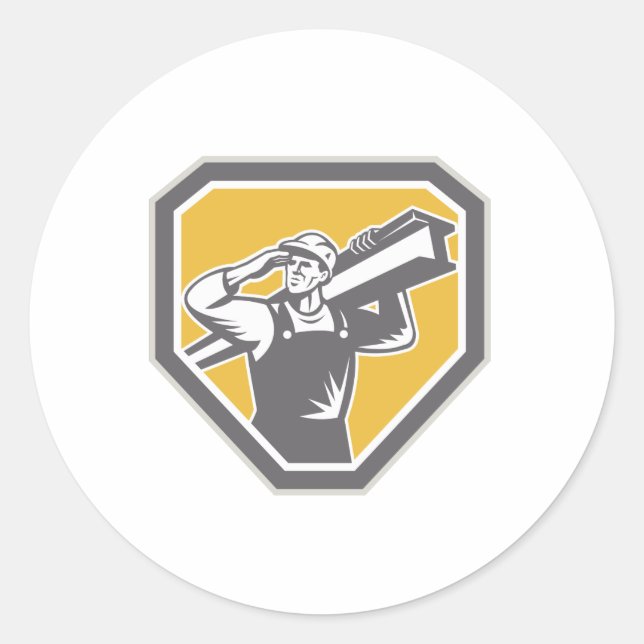 Construction Steel Worker Carrying I-Beam Retro Classic Round Sticker (Front)