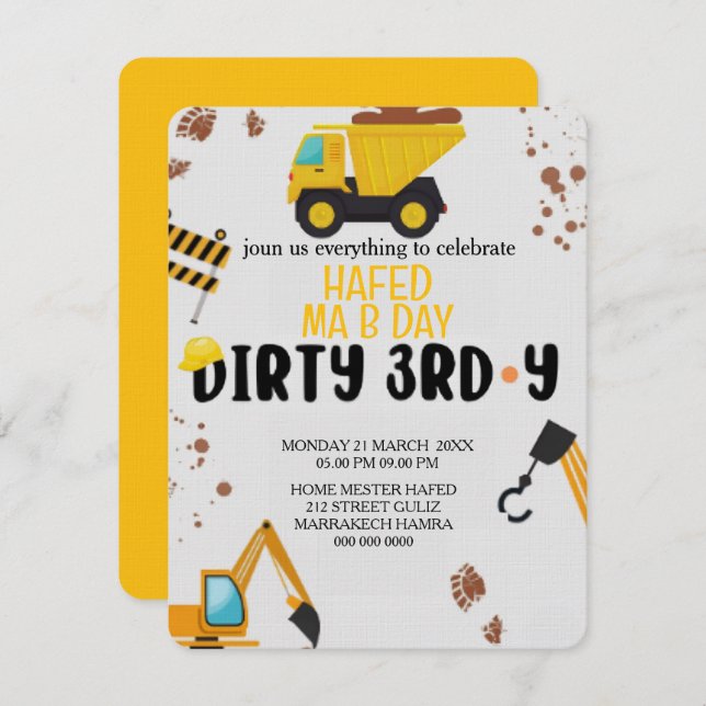 Construction Theme 3rd Birthday Invitation,, ,Dirt Invitation (Front/Back)