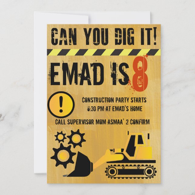 Construction theme brithday party invitation (Front)
