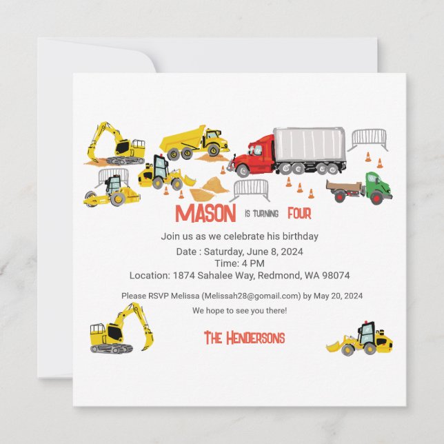 Construction Themed Birthday Party Invitation (Front)