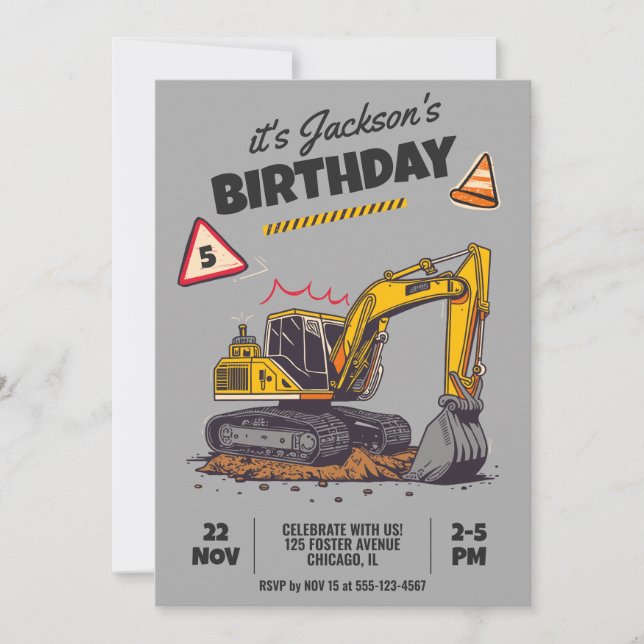 Construction Themed Child Birthday Party Invitation (Front)