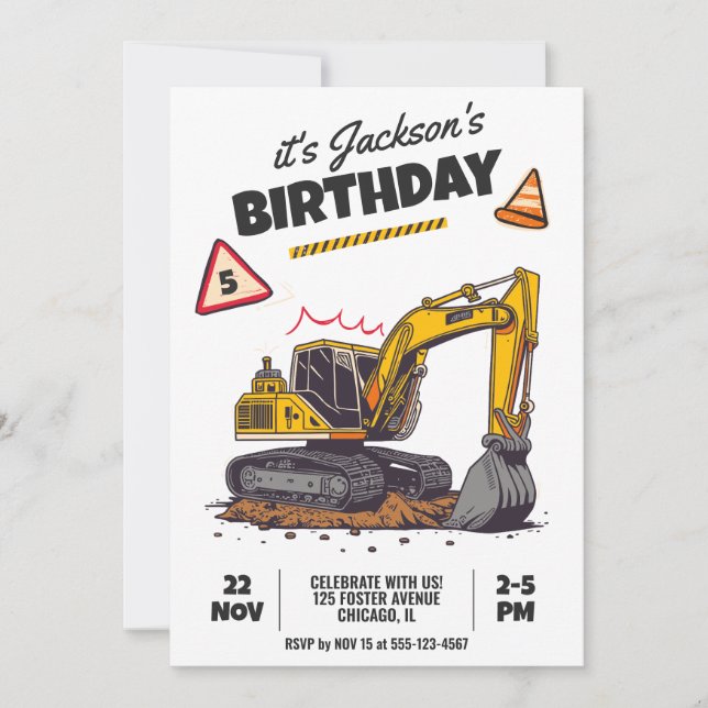 Construction Themed Child Birthday Party Invitation (Front)