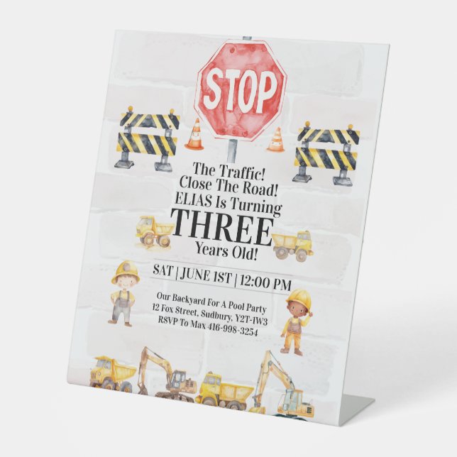 Construction Themed Children's Birthday Invitation Pedestal Sign (Front)