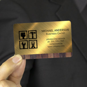 Construction Tool Icons   Wood Metal Background Business Card