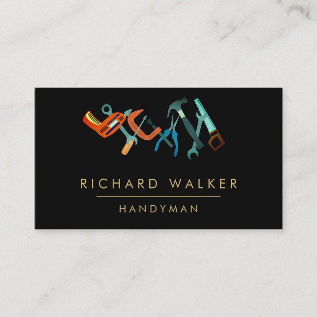 Construction Tools Handyman Blue Black Carpenter Business Card (Front)