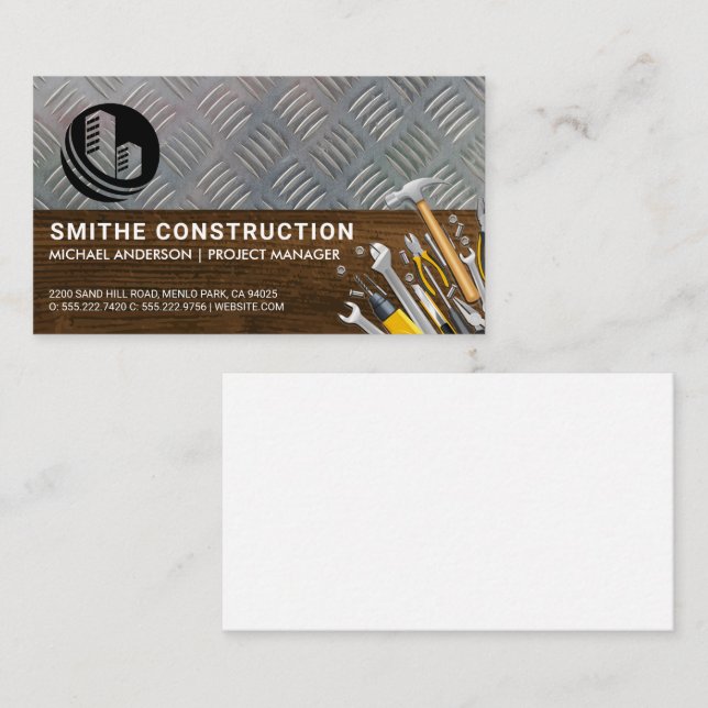 Construction Tools | Steel Plate | Wood Grain Business Card (Front/Back)