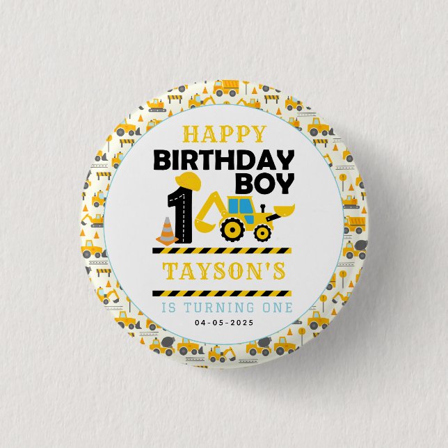 Construction Truck 1st Birthday | Kids Party 3 Cm Round Badge (Front)