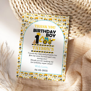 Construction Truck 1st Birthday Kids Party Thank You Card