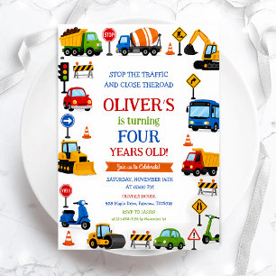 Construction Truck 4th Birthday Invitation