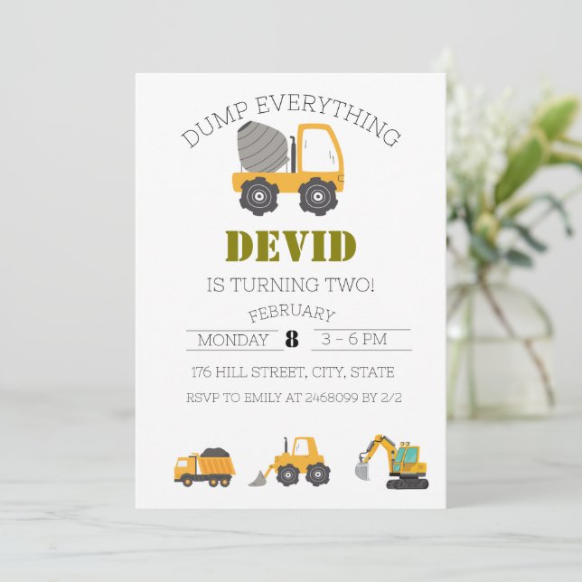 Construction Truck Birthday Invitation (Standing Front)