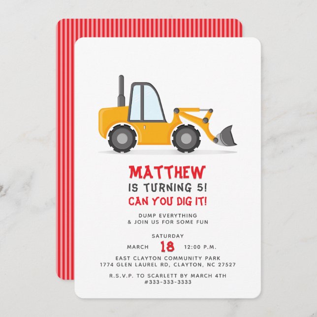 Construction Truck Birthday  Invitation (Front/Back)