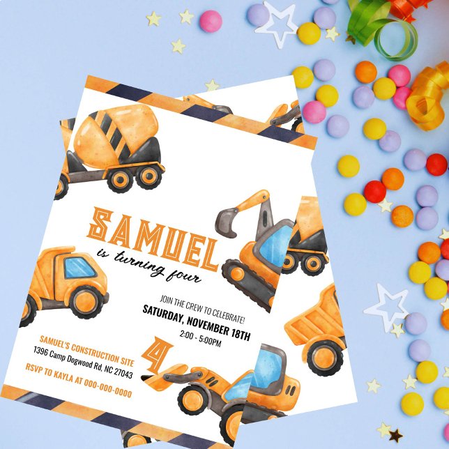 Construction Truck Birthday Invitation  (Editable watercolor construction truck invitation with photo. Personalize for a fun birthday)
