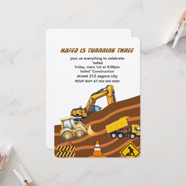 Construction Truck Birthday Invitation, Digging it Invitation (Front/Back In Situ)