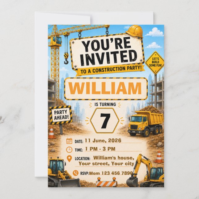 Construction Truck Birthday Invitation | Personali (Front)