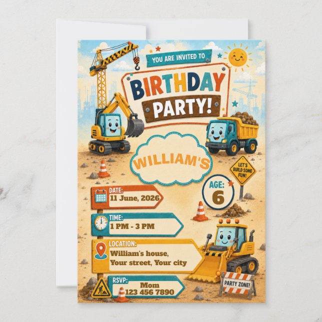 Construction Truck Birthday Invitation | Personali (Front)