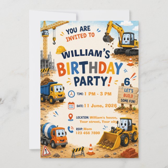 Construction Truck Birthday Invitation | Personali (Front)
