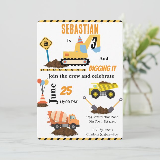 Construction Truck Birthday Party Invititation Invitation (Standing Front)