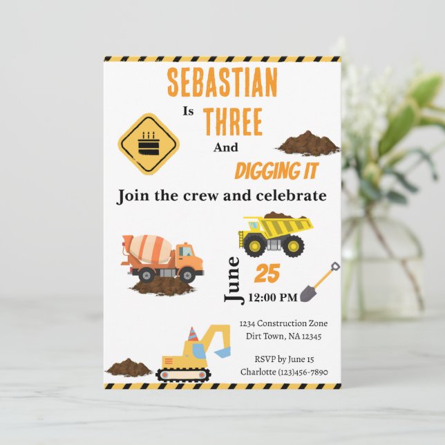 Construction Truck Birthday Party Invititation Invitation (Standing Front)