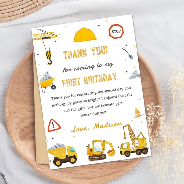 Construction Truck Birthday Party Thank You Card (Creator Uploaded)