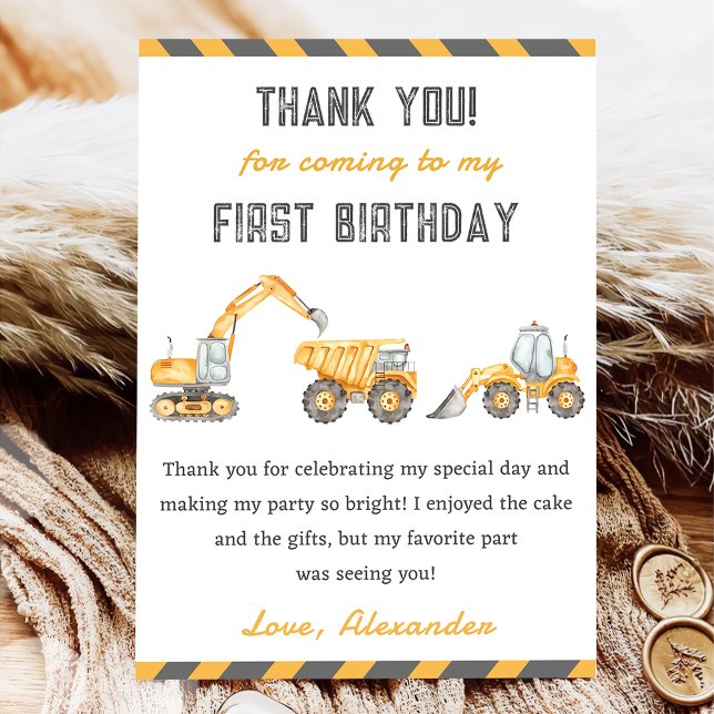 Construction Truck Birthday Party Thank You Card  (Creator Uploaded)