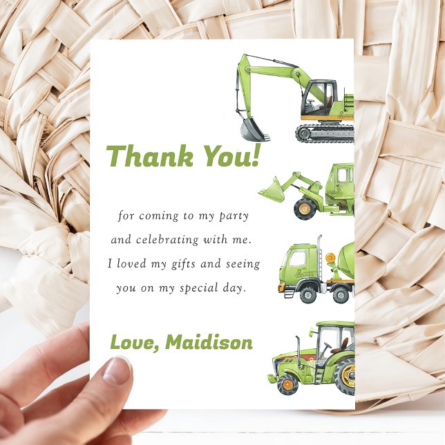 Construction Truck Birthday Party Thank You Card (Creator Uploaded)