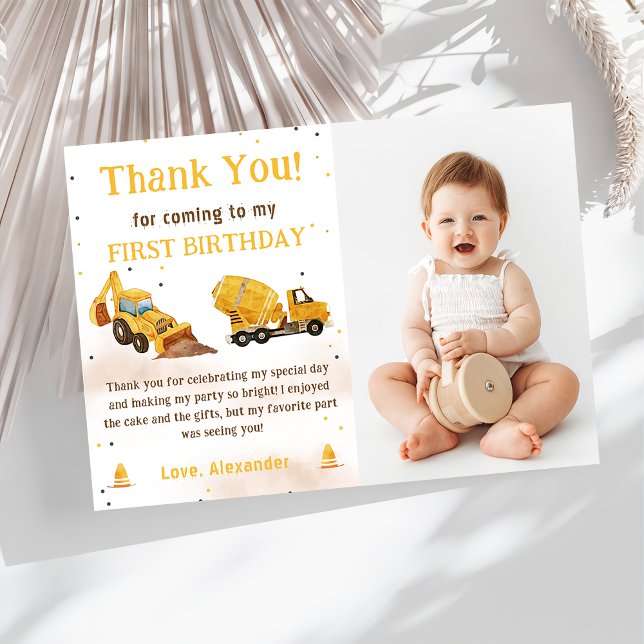 Construction Truck Birthday Photo Thank You Card  (Creator Uploaded)